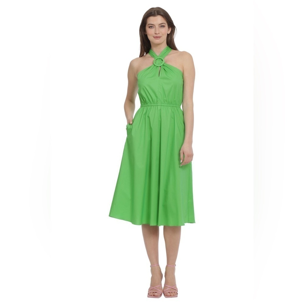 Maggy London Halter Neck Stretch Cotton Midi Dress Vibrant Green Size 12 NWT - Picture 3 of 10